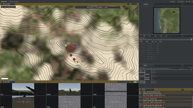 Kilo Post — the execution layout: map, every gunsight and the contact list as the berms take fire.