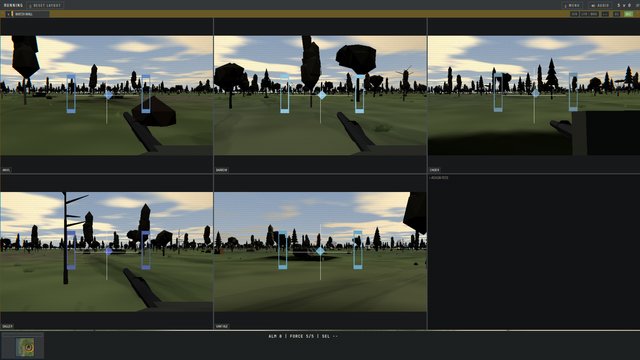 Pine Cut — the camera wall full-screen: every crew's own gunsight, in the trees.
